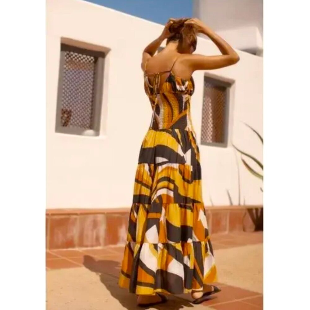 NWT Anthropologie Josephine Smocked Drop Waist Black Orange Maxi Dress Medium - Picture 3 of 10